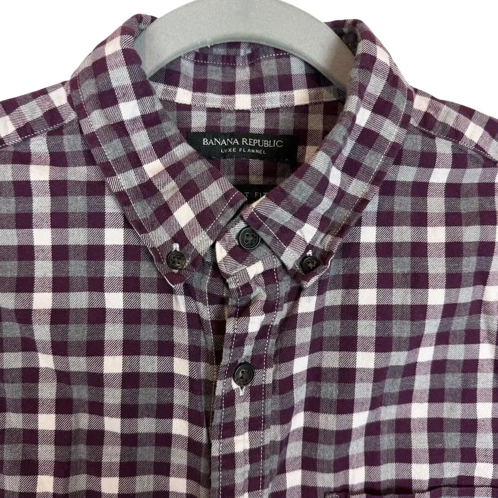 Banana Republic Shirt‎ Mens Medium Maroon White Check Luxe Flannel Grant Fit